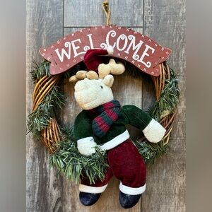 Vintage 12” “WELCOME” grapevine Wreath w/plush moose dressed in holiday style